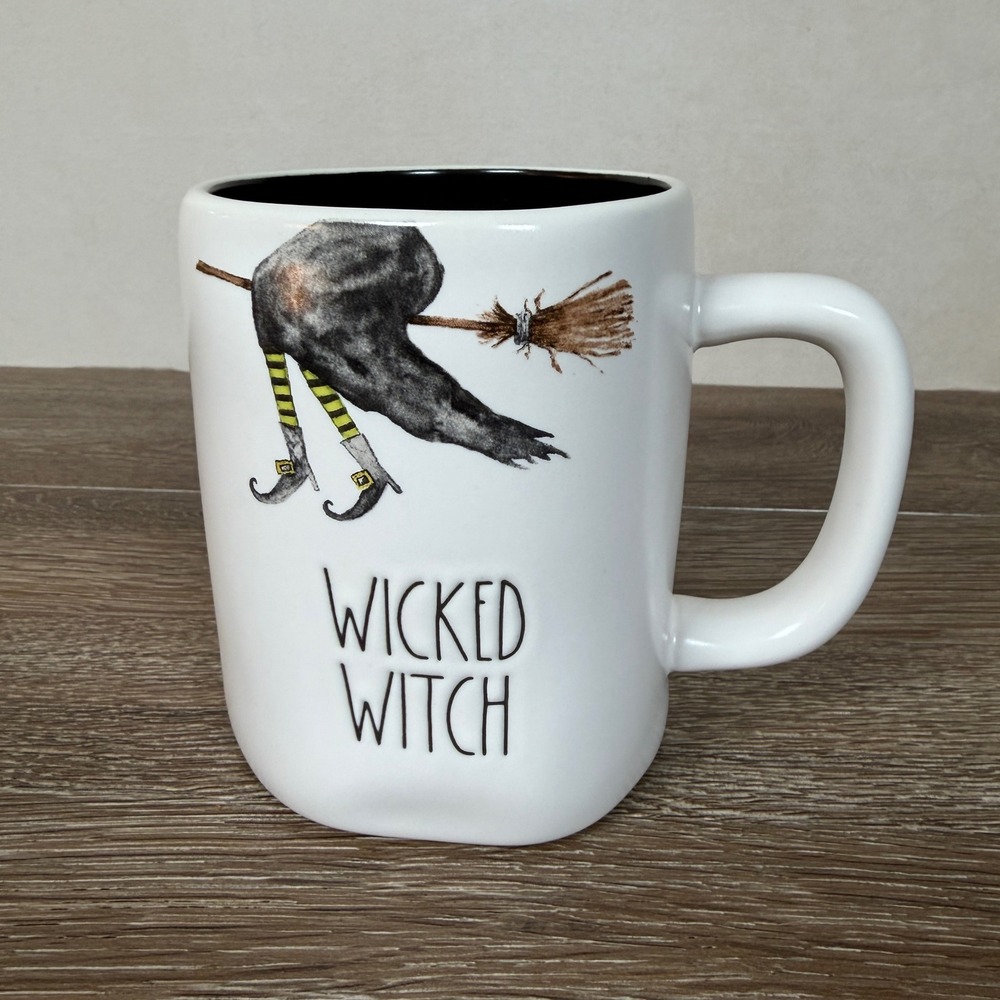 Rae Dunn Wicked Witch Mug Halloween Witch Broom Black Interior Watercolor